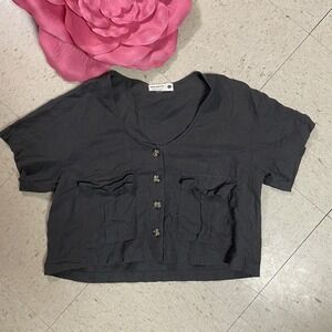 BACK BEAT CO. Womens Sz M Organic Cotton/Hemp Button Front Gray Crop Top Pockets